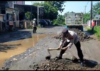 Jalan Rusak Parah, Waka Polsek Tlogowungu Turun Ratakan Pakai Padas